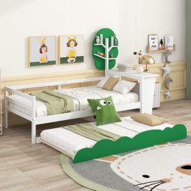 Twin Size Daybed with Desk, Green Tree Shape Shelves and Trundle, White