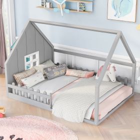 Full Size Wood House Bed with Window and Fence, Gray