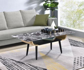 Landon Coffee Table with Glass Black Marble Texture Top and Bent Wood Design