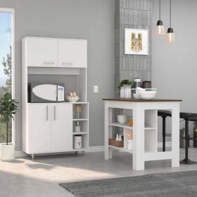 Surrey 2 Piece Kitchen Set, Kitchen Island + Pantry Cabinet , White /Walnut (Color: White /Walnut)